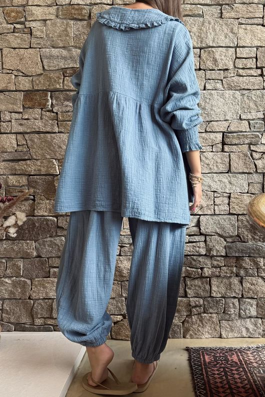 Annie Cushion Cotton Peter Pan Smock Blouse Denim